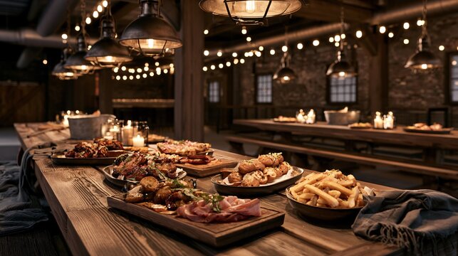 A rustic beer hall composition featuring pub-food displayed on long communal wooden tables beneath vintage industrial lighting