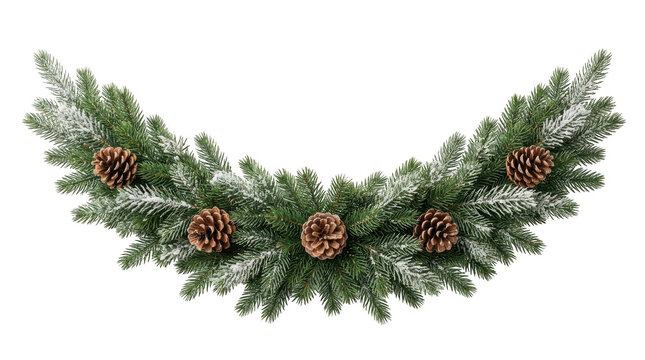Christmas evergreen garland with pine cones and snow isolated on transparent background