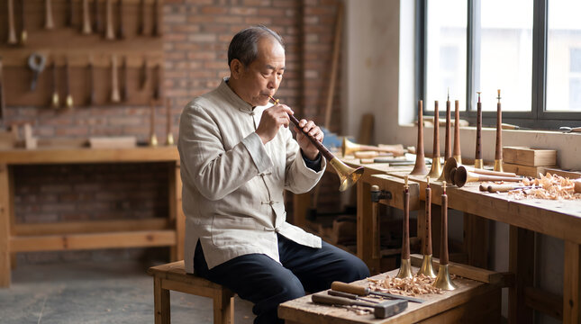 An elderly male artisan tests a handmade suona in a traditional wooden workshop with crafting tools and finished instruments.