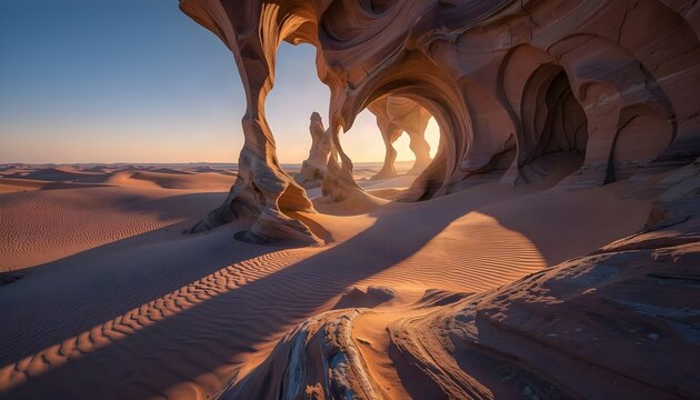 Surreal wind-sculpted sandstone rock formations with natural arches and caves casting deep shadows over rippled sand dunes at sunset.