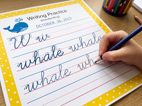 Child learning cursive handwriting practice at wooden desk using pencil on lined paper sheet with whale theme
