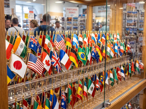 A glass display case in a gift shop showcasing a large collection of miniature national flags from around the world