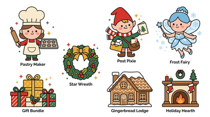 Naklejka premium Set of cute Christmas themed character and holiday object illustrations.