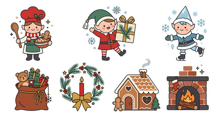 Fototapeta premium Set of cute hand drawn Christmas elements featuring elves and holiday decorations.