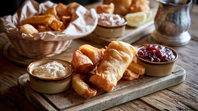 A traditional fish and chips composition featuring pub-food served on rustic wooden boards with artisan sauces and authentic gastropub presentation