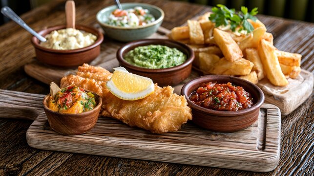 A traditional fish and chips composition featuring pub-food served on rustic wooden boards with artisan sauces and authentic gastropub presentation