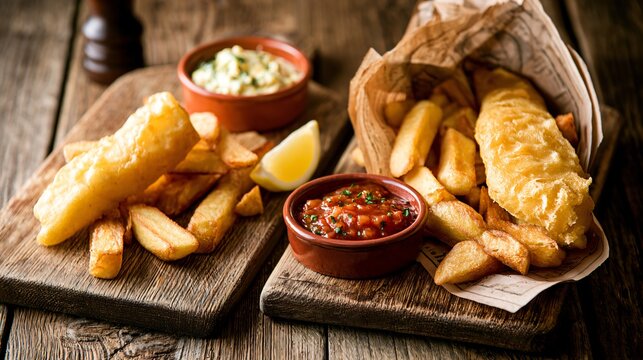 A traditional fish and chips composition featuring pub-food served on rustic wooden boards with artisan sauces and authentic gastropub presentation