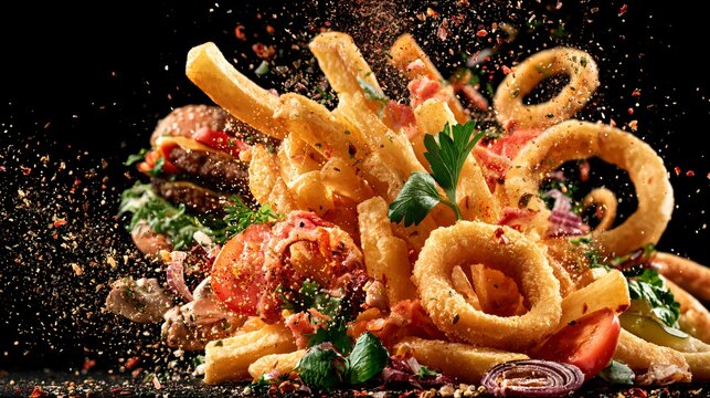 An ingredient explosion composition featuring pub-food crispy fries, onion rings, burger ingredients, herbs, and seasoning particles suspended in mid-air