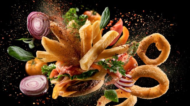 An ingredient explosion composition featuring pub-food crispy fries, onion rings, burger ingredients, herbs, and seasoning particles suspended in mid-air
