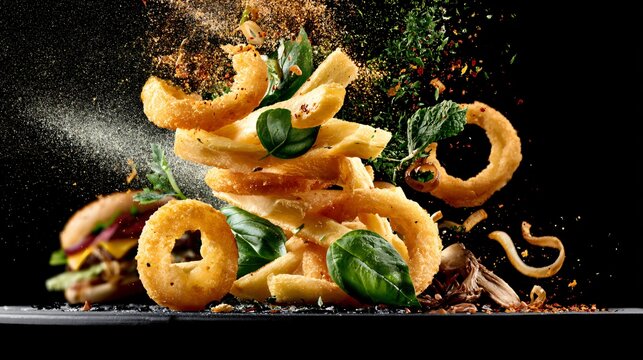 An ingredient explosion composition featuring pub-food crispy fries, onion rings, burger ingredients, herbs, and seasoning particles suspended in mid-air