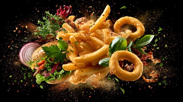 An ingredient explosion composition featuring pub-food crispy fries, onion rings, burger ingredients, herbs, and seasoning particles suspended in mid-air