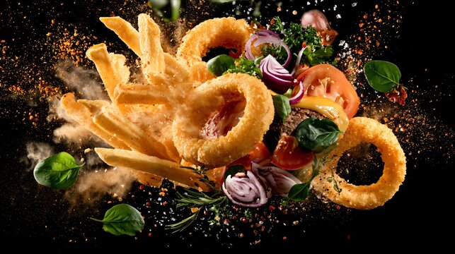 An ingredient explosion composition featuring pub-food crispy fries, onion rings, burger ingredients, herbs, and seasoning particles suspended in mid-air