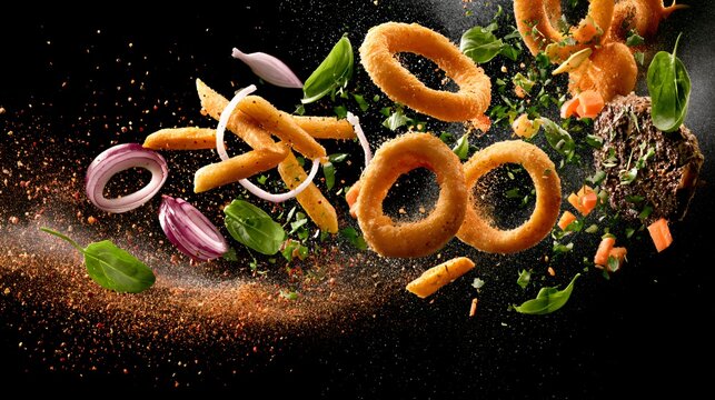 An ingredient explosion composition featuring pub-food crispy fries, onion rings, burger ingredients, herbs, and seasoning particles suspended in mid-air
