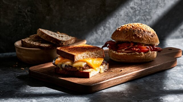 An ultra-minimal commercial composition featuring pub-food positioned on a vast charcoal plaster background with dramatic architectural shadows and extensive copy space