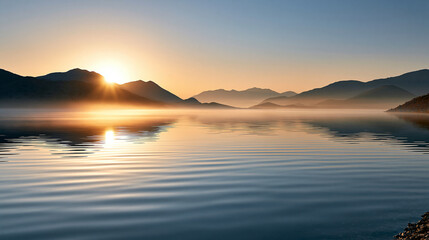 Fototapeta premium Serene sunrise casting warm golden reflections across calm mist-covered water with distant mountain silhouettes, peaceful wilderness, atmospheric morning landscape, scenic travel