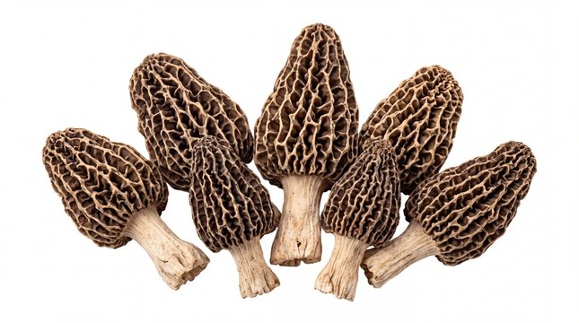 Delicious fresh morel mushrooms with unique honeycomb textures arranged in a rustic cluster captured isolated on white background