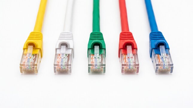 Colorful ethernet network cables arranged in a neat row showcasing connectivity and high speed data transfer solutions on white background
