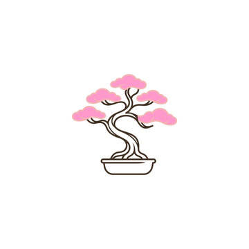Minimalist vector illustration of a stylized pink cherry blossom bonsai tree in a pot.