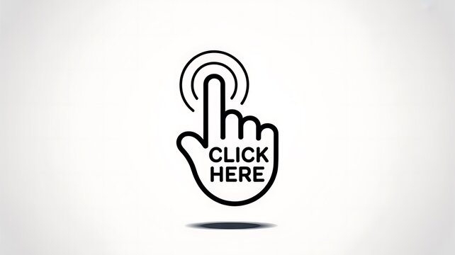 Black hand icon with click here text on white background