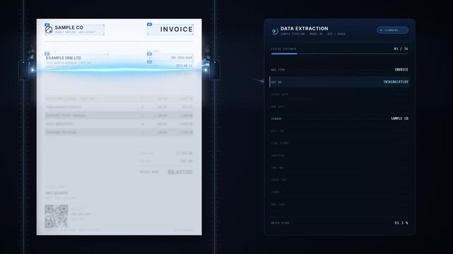Blue scan line reads paper invoice while data extraction panel fills with billing fields