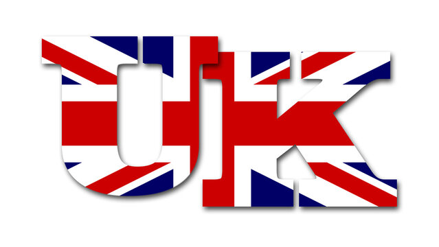 UK text for logo or label - composition of text and British flag on transparent background - 3D Illustration