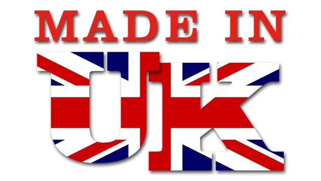 Made in UK logo or label - composition of text and British flag on white background - 3D Illustration