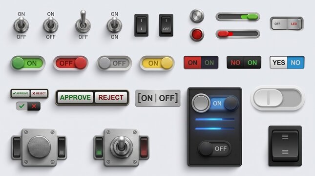 Set of Realistic Toggle Switches and UI Control Buttons Collection