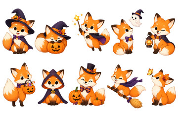 Obraz premium Cute fox vector illustration set with various Halloween costumes and poses
