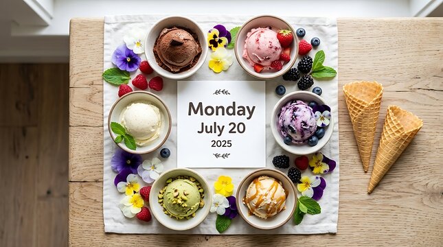 Gourmet ice cream assortment with calendar date Monday July 20 2025, colorful gelato scoops and edible flowers, summer dessert flat lay