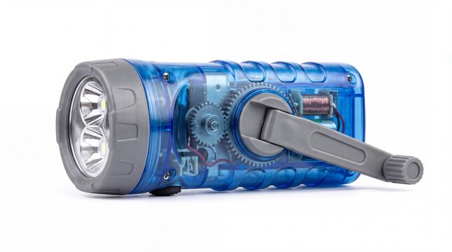 Blue translucent hand crank emergency flashlight featuring clear plastic housing with visible mechanical gears resting isolated on white background
