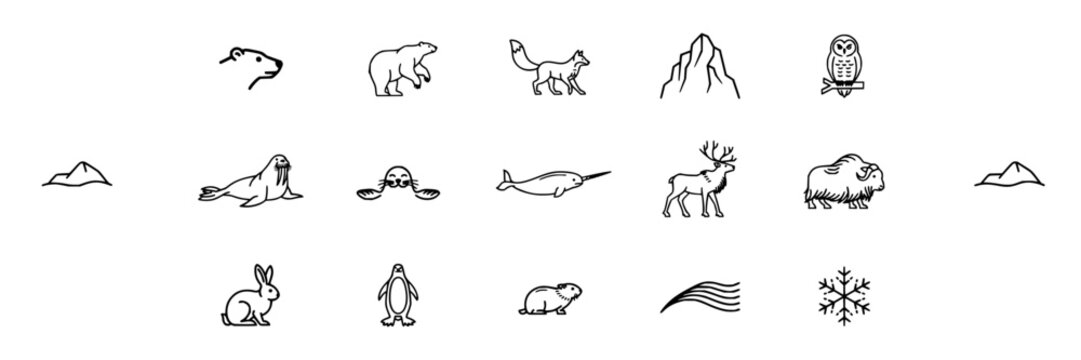 Polar wildlife set with line art icons featuring polar bear, arctic fox, snowy owl, mountain peak, and walrus