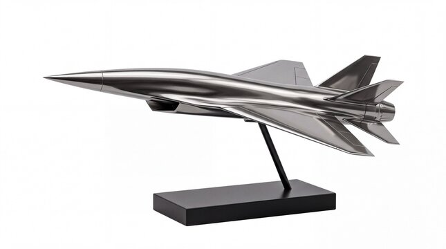 Sleek polished metal model of an advanced futuristic supersonic fighter jet displayed on a black stand on white background