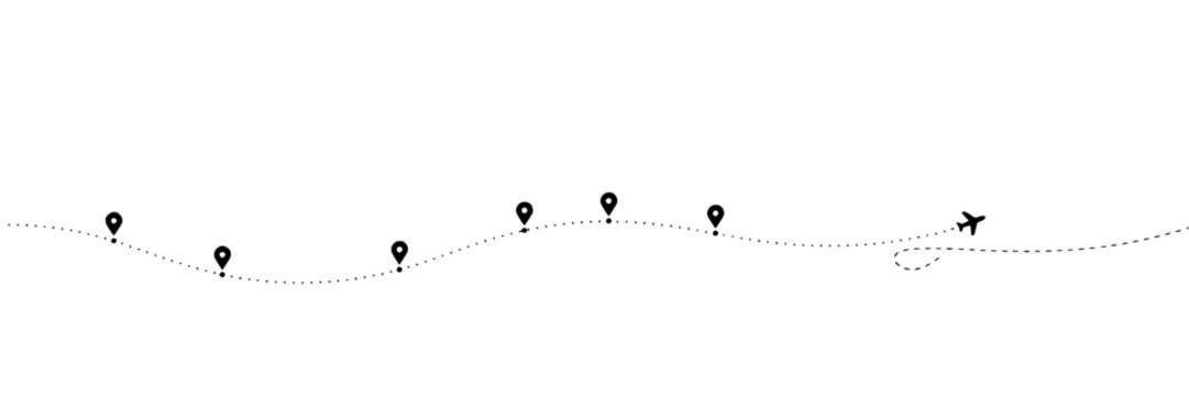 Airplane flight path set with dotted line trajectory featuring location markers, aerial view, travel route with navigation and destination