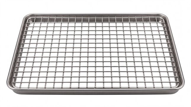 Shiny rectangular stainless steel baking wire cooling rack for pastry and bread preparation isolated indoors positioned on white background