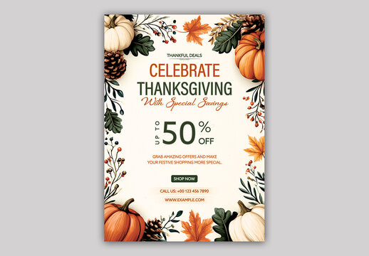Editable Thanksgiving Mega Sale Flyer Template with 50 Percent Off for Advertisement.