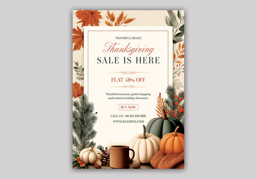 Editable Thanksgiving Mega Sale Flyer Template with 50 Percent Off on Autumn Background.