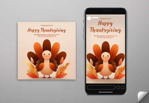 Editable Happy Thanksgiving Greeting Post and Story Template in Smartphone Display.