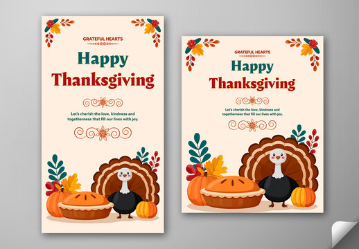 Editable Happy Thanksgiving Greeting Post and Story Template with Cute Turkey on Autumn Background.