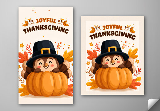 Editable Happy Thanksgiving Greeting Post and Story Template with Cute Turkey on Autumn Background.