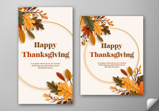 Editable Happy Thanksgiving Greeting Post and Story Template with Autumn Leaves on Circle Background.