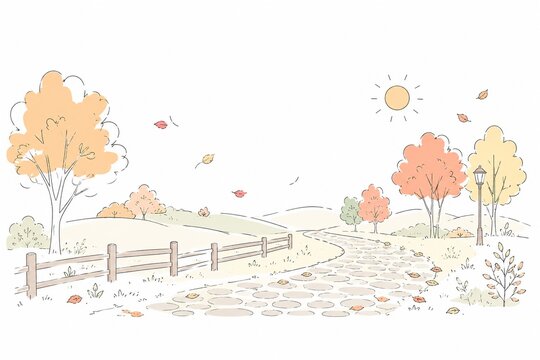 石畳の道と紅葉した木々が続く秋の田園風景イラスト
