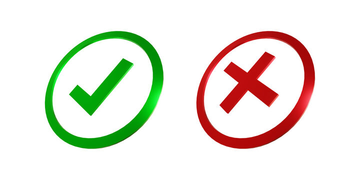 Green check and red cross symbols displayed side by side on a white background. Ideal for approval and rejection, correct and wrong, pass and fail, and comparison concepts.