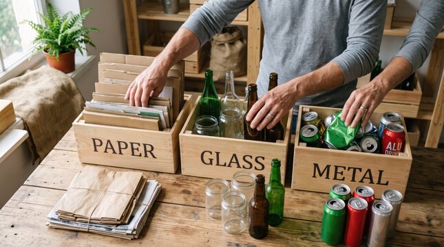 Hands sorting waste into labeled wooden crates for paper glass and metal recycling on rustic table, promoting sustainability, eco-friendly lifestyle, zero waste