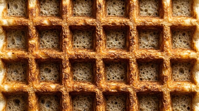 Fresh golden crispy waffle surface with square pockets for breakfast meal preparation showing toasted textures of baked dough patterns ready for syrup and butter toppings for a delicious food
