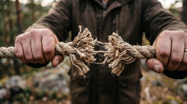 of strong male hands holding a thick frayed rope about to break, symbolizing tension, 极限压力, critical moment, struggle, endurance, and resilience, outdoor survival situation