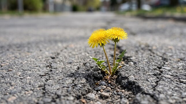 Vibrant yellow dandelion flowers growing顽强地 through a crack in rough grey asphalt road, symbolizing hope, resilience, nature reclaiming urban space, spring renewal