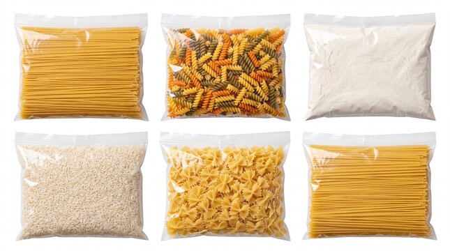 Assorted dry food staples packaged in clear plastic bags featuring pasta noodles rice and flour displayed on white background