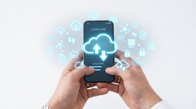 Hands holding smartphone displaying cloud sync upload download interface with futuristic holographic icons, representing modern technology, data storage, wireless connectivity