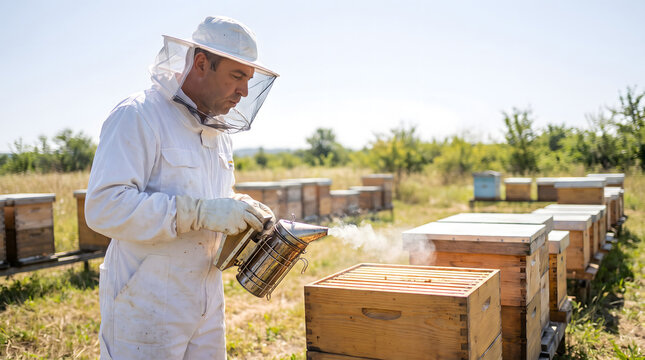 A beekeeper in protective gear uses a bee smoker to tend wooden beehives in a sunny outdoor apiary.