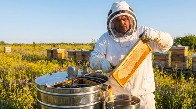 A beekeeper in protective suit extracts honey from a frame using an extractor in a flowered apiary.